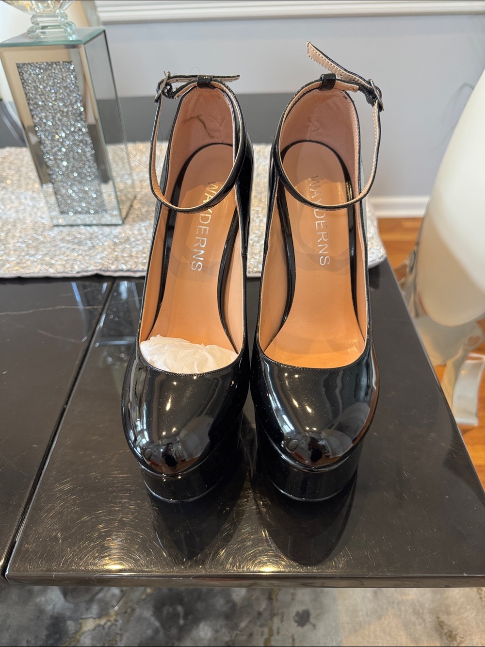 Black Patent Platform Ankle-Strap Pumps by VAYDERNS